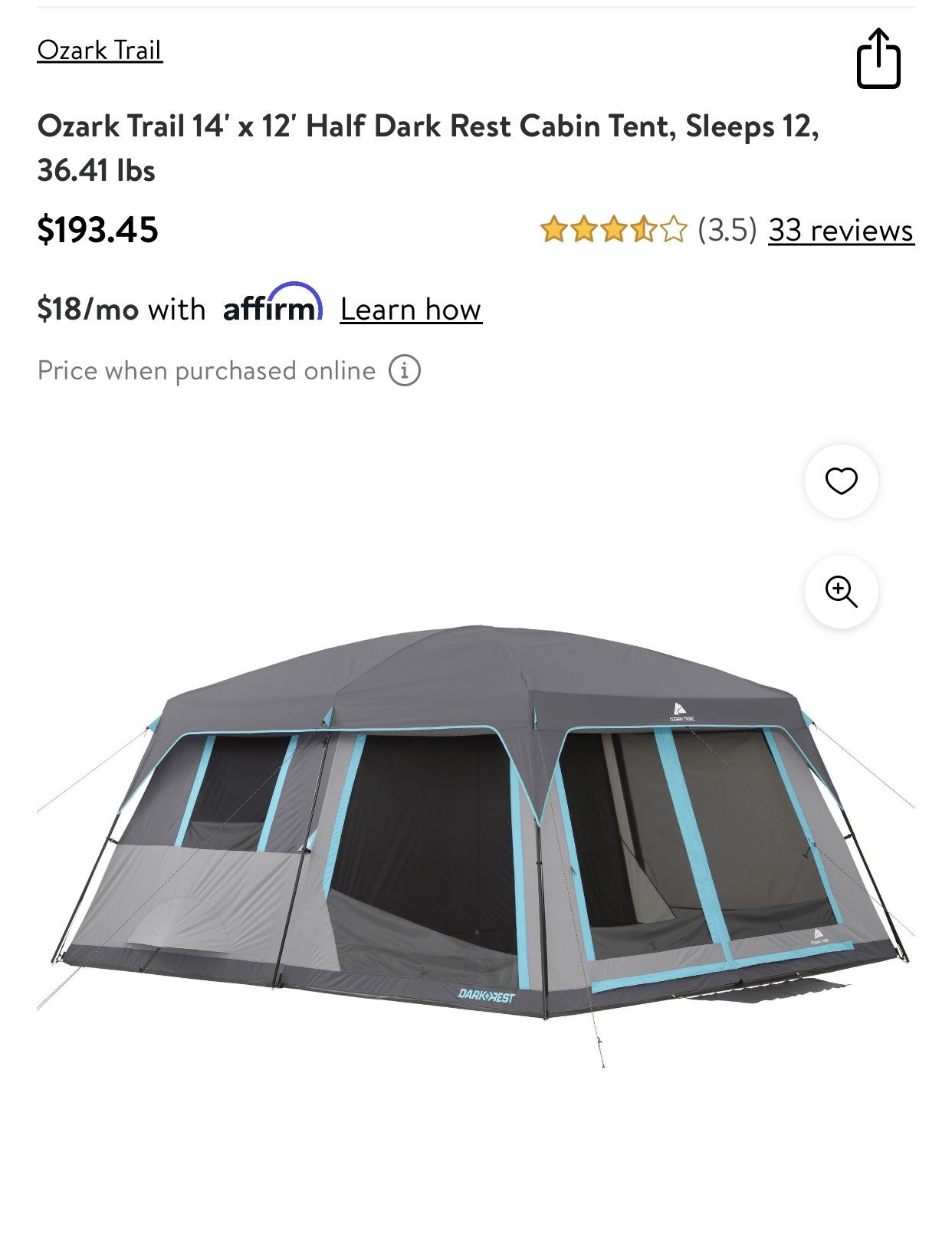 Ozark trail 14’ X 12’ Half Dark Rest Cabin Tent, Sleeps 12