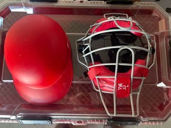 Catchers mask and helmet.