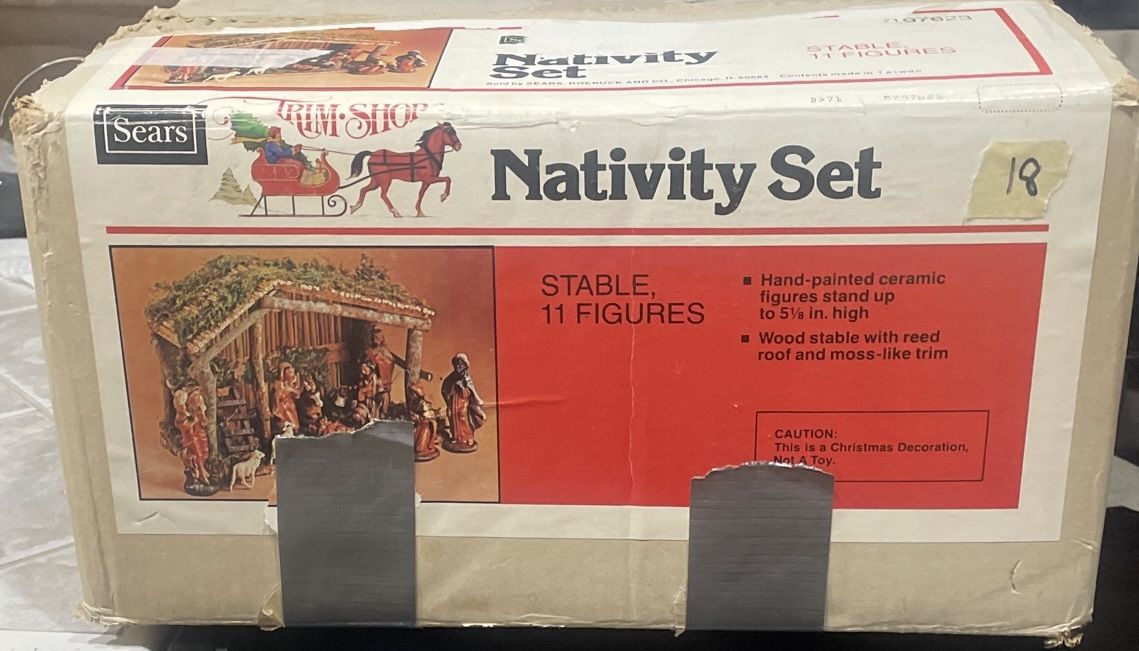 1970s Sears Vintage Nativity Set Hand Painted Figures Wood Stable #97169