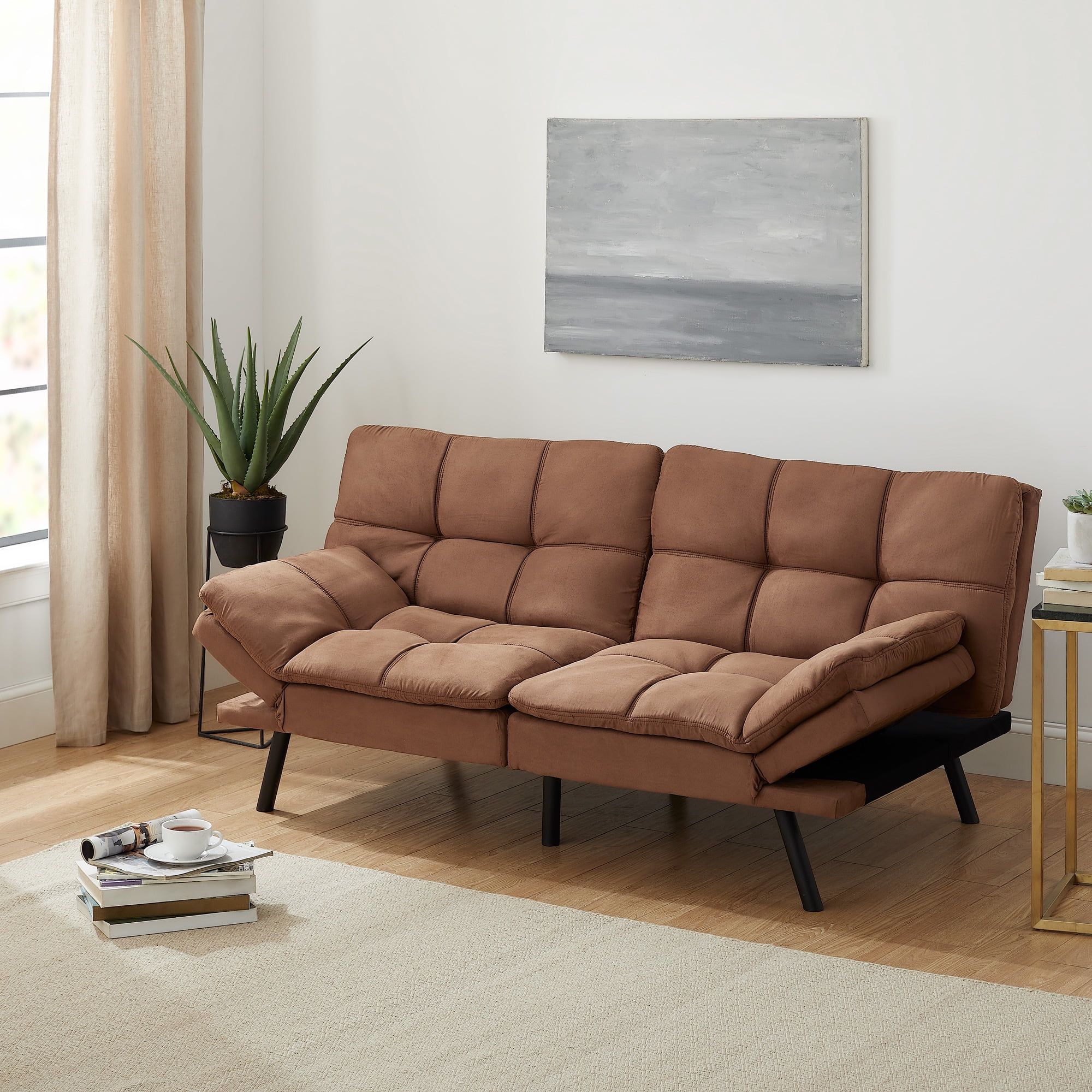 Mainstays Memory Foam Futon, Camel Faux Suede Fabric Camel - 72" x 34" x 32"