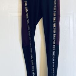 Victoria Secret PINK Fleece Lined Cozy Leggings Size XS Black Burgundy Logo