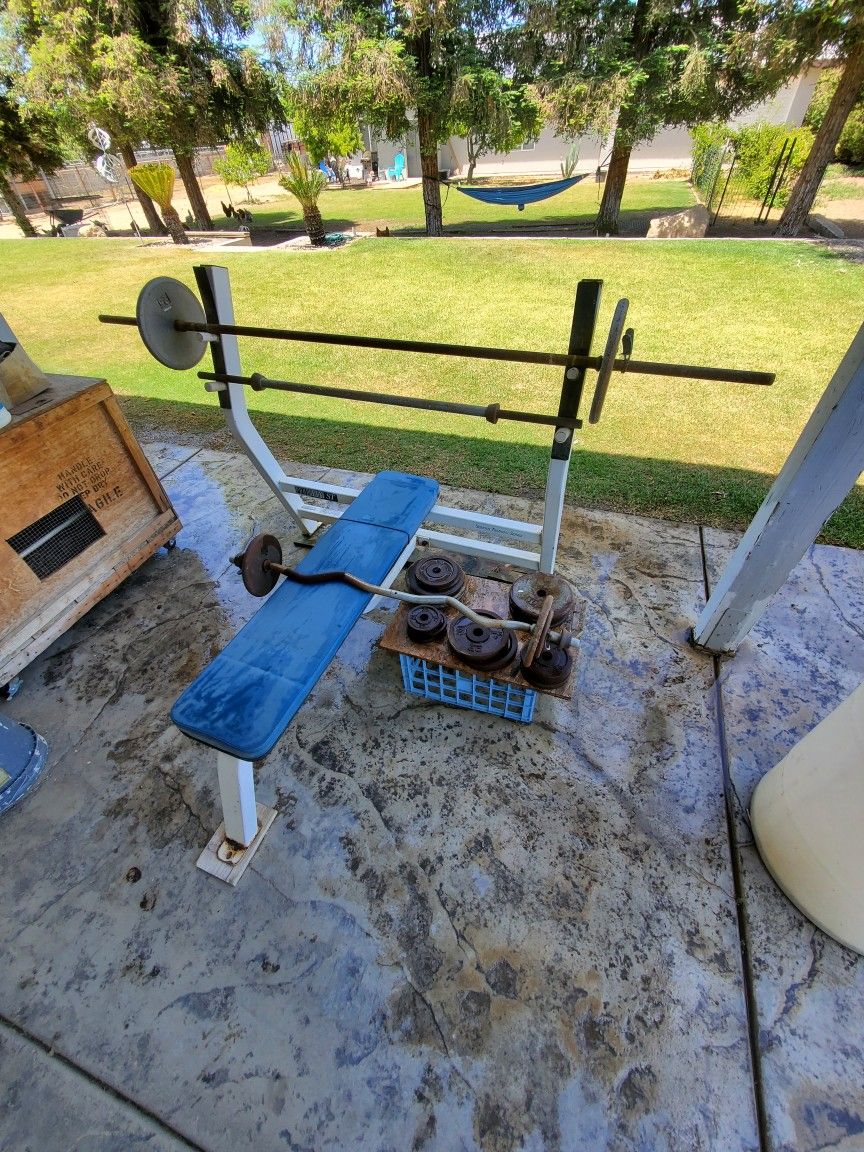 Weight bench, 3 bars and weights