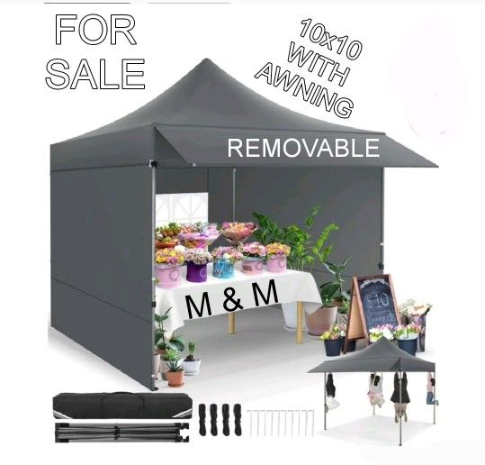 10x10 Pop up Commercial Canopy Tent with 3 Removable Sidewalls & Awning, Portable Freestanding Shelter, Outdoor Heavy Duty Party Canopies W/Roller Bag