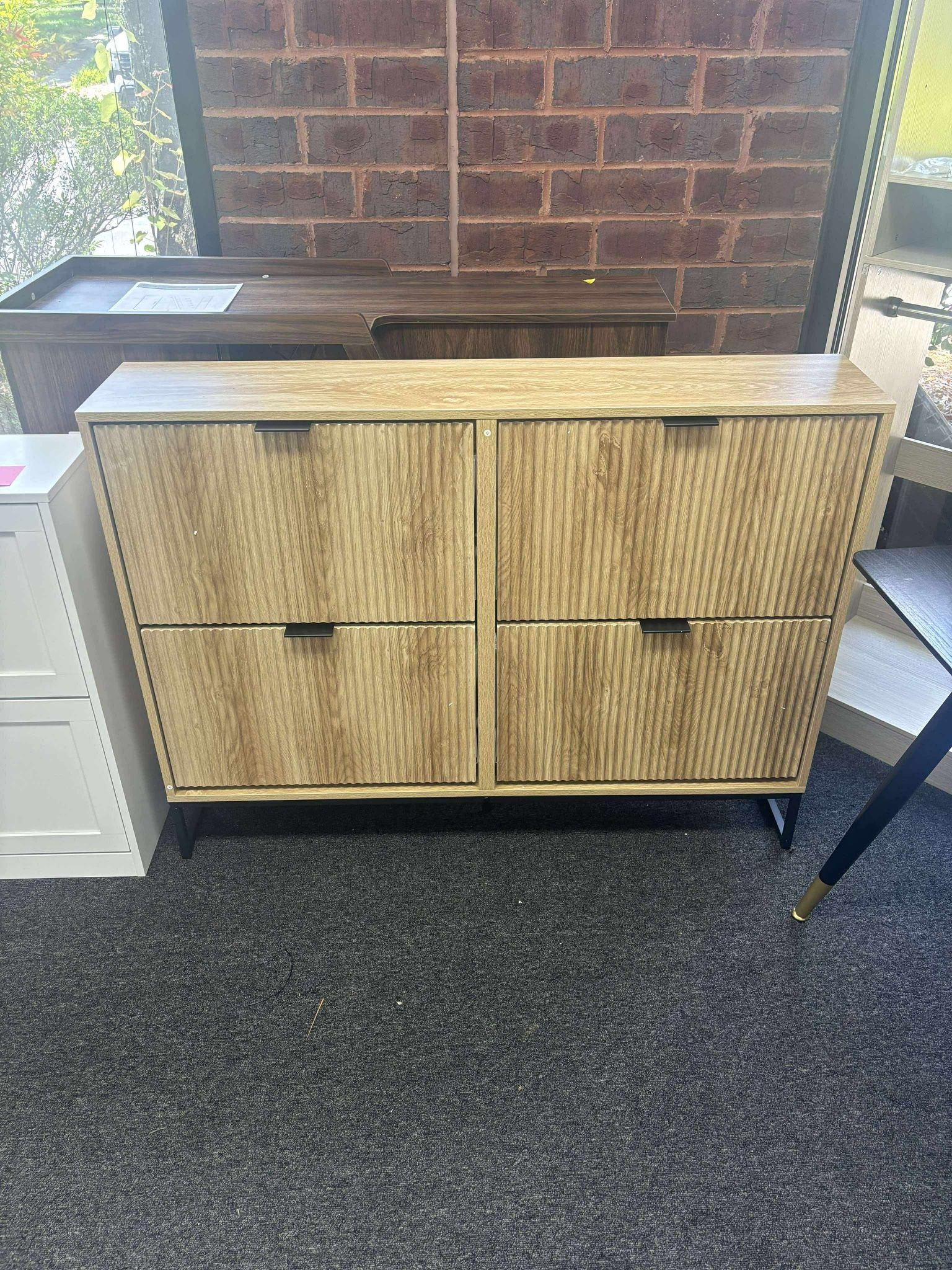 Shoe Cabinet Storage for Entryway Slim Modern Shoe Rack Cabinet with 4 Flip Drawers Tipping Wooden Narrow Shoe Cabinet