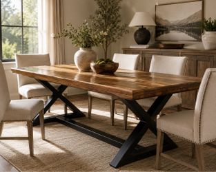 Rustic Farmhouse Dining Table – Solid Wood Top & Modern Black X-Legs