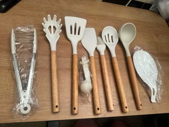 Kitchen Utensils Set -  Silicone Cooking Utensils Set with Wooden Handle - Heat Resistant Non-Stick BPA Free Spatula Set,Turner, Spoon, Brush, Silicon