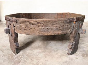Antique 29.5" Grinder Table Indian Carved Chakki Table Coffee Table Side Table