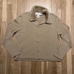 Vintage Norton McNaughton Tan Fur Collar Long Sleeve Womens Cardigan Large