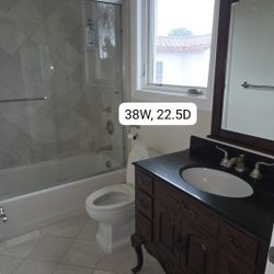 Ornate Dark Wood Bathroom Vanity w Sink & Mirror, faucet not included. Size: 38W 22.5D