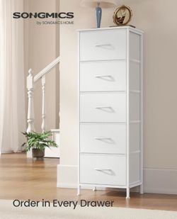 Dresser for Bedroom, Tall Dresser with 5 Fabric Drawers Chest of Drawers with Steel Frame, for Closet & Entryway, Cloud White and Snow White, BELLAH C