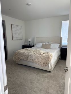 Beige Upholstered Linen Wingback Upholstered Bed — $225 OBO