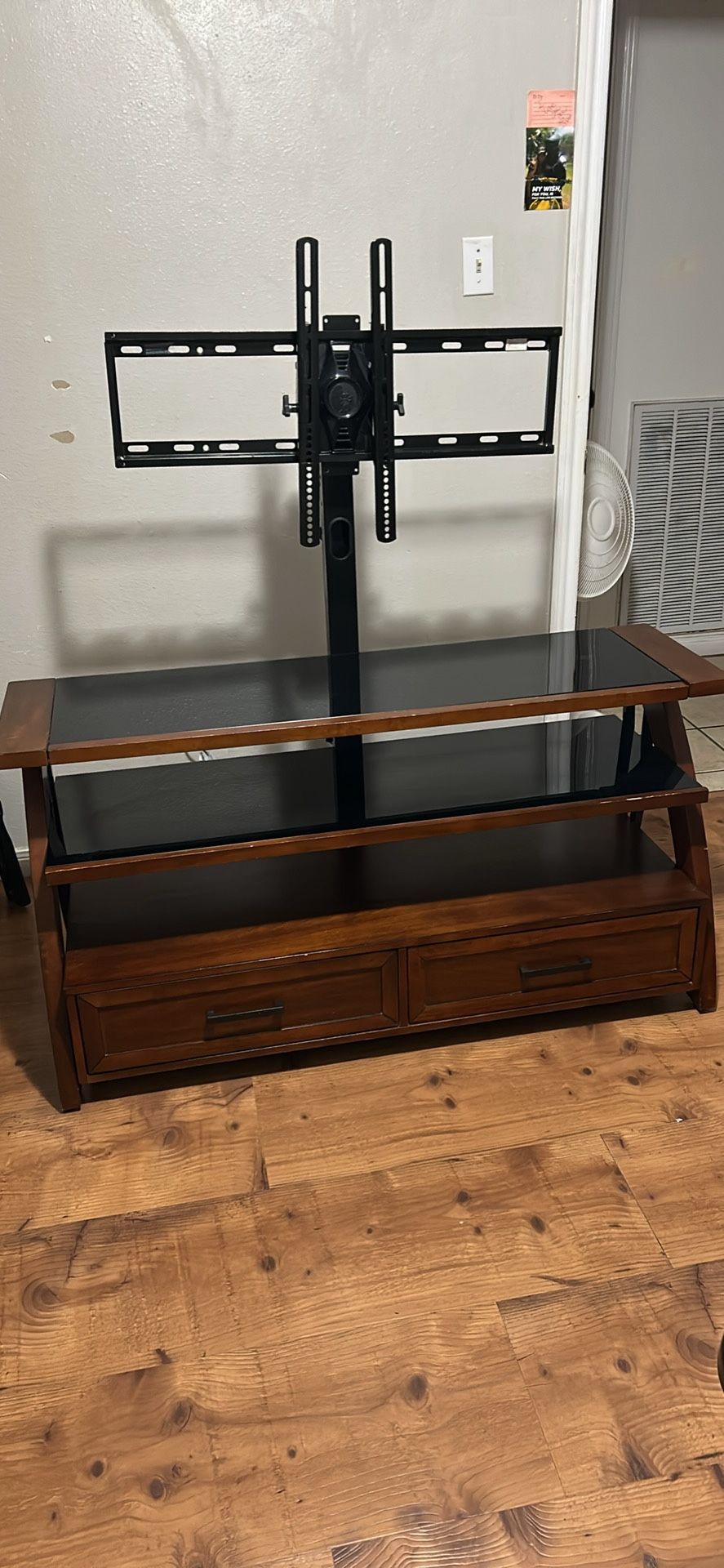 Cherry 56” TV Stand With Mount, Glass Shelves And 2 Drawers