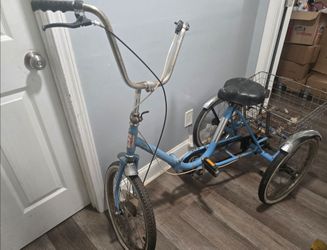 Adult Blue Three-Wheel Tricycle with Rear Basket