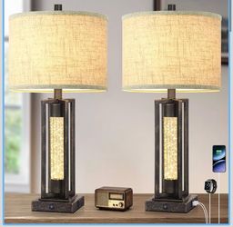 26" Bronze Farmhouse Table Lamps Set of 2 with Crystal Night Light