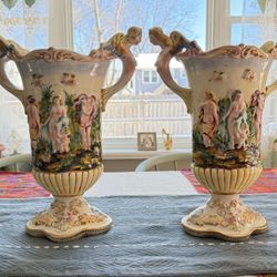 Vintage Italian Capodimonte Raised Porcelain Ornate Vase Cherubs Lot of 2 Vases Mid-Century Modern MCM Antique Vase Made In Italy Renaissance 1940’s 