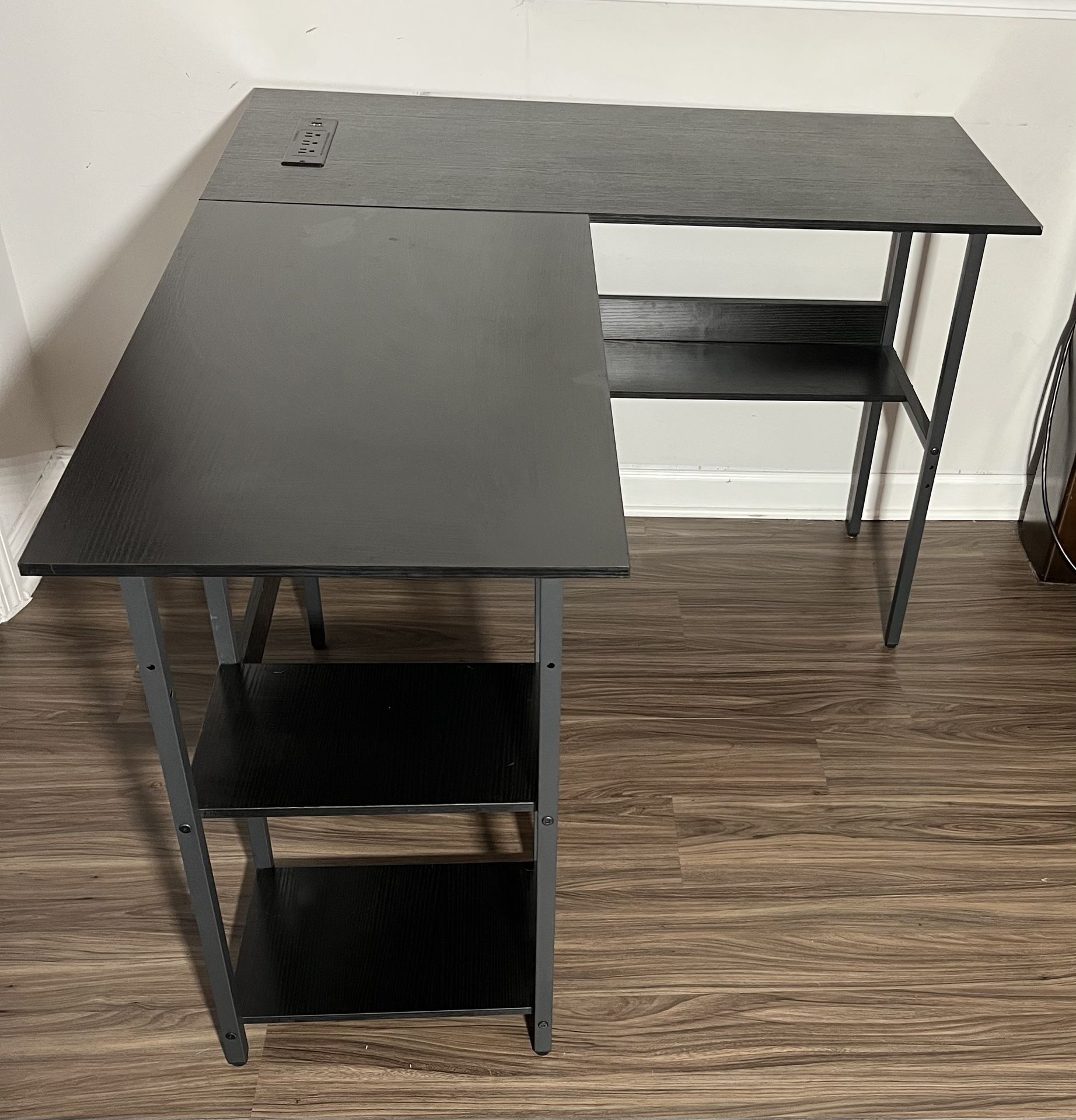 L-Shaped Computer Desk with Power Outlet & Storage Shelves – Like New