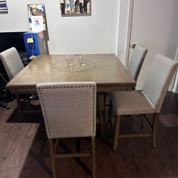 6-Piece Counter-Height Brown Dining Table Set w/ Lazy Susan + Bench & Chairs