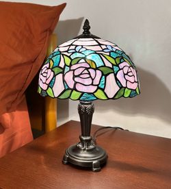 Vintage Tiffany Style Stained Glass Rose Lamp
