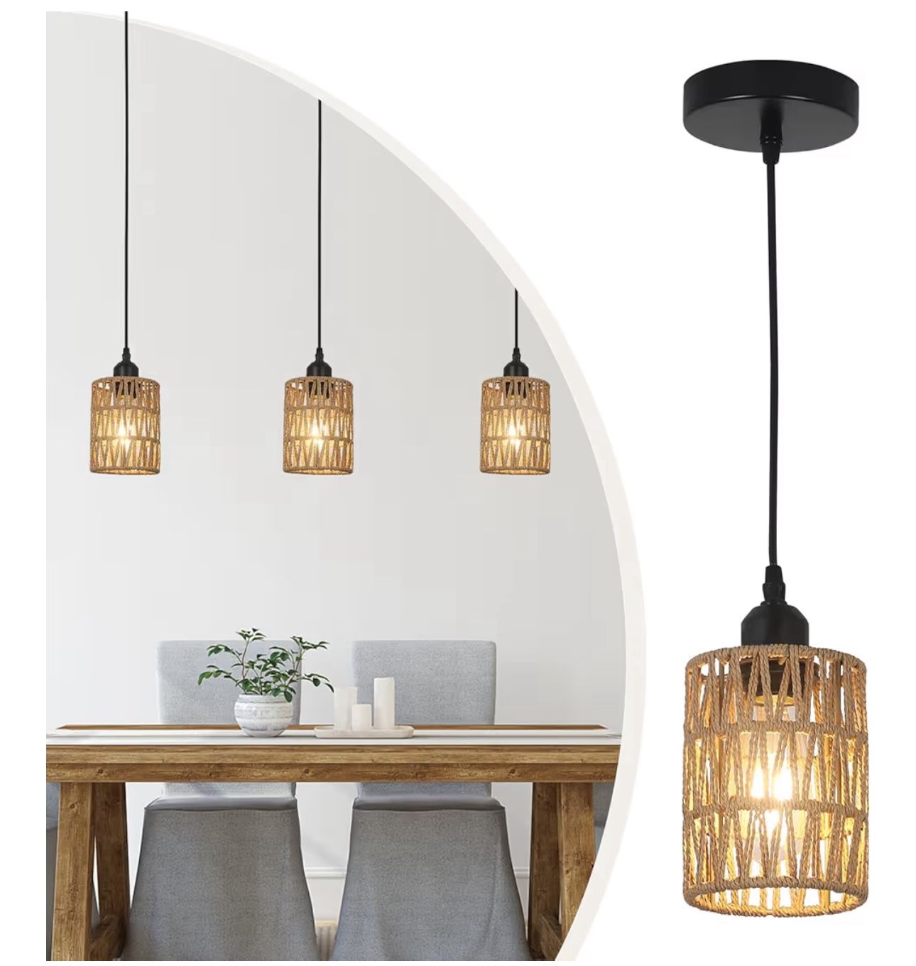 3 Pack Rattan Pendant Lights Kitchen Island, Farmhouse Pendant Lighting with Hand Woven Wicker Shade, Boho Chandelier Light Fixtures Ceiling Hanging f