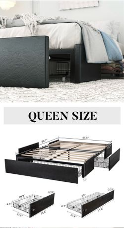 Queen size metal bed frame with three storage drawers