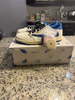 Size 10 Jordan 1 Low Travis Scott x Fragment Sail Military Blue SKU DM7866-104 