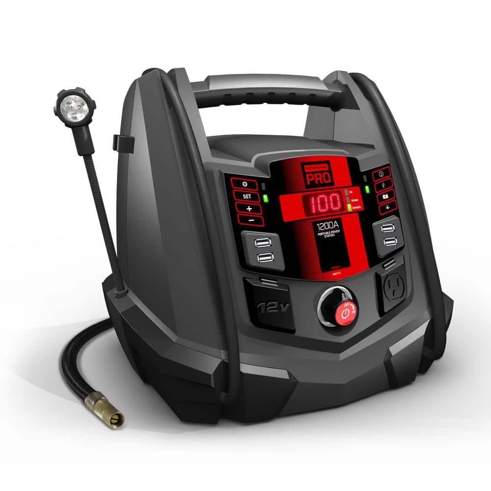Schumacher SJ1289 Rechargeable AGM Jump Starter and Portable USB/DC Power Station - 1200 Amp - with Air Compressor and LED flex light