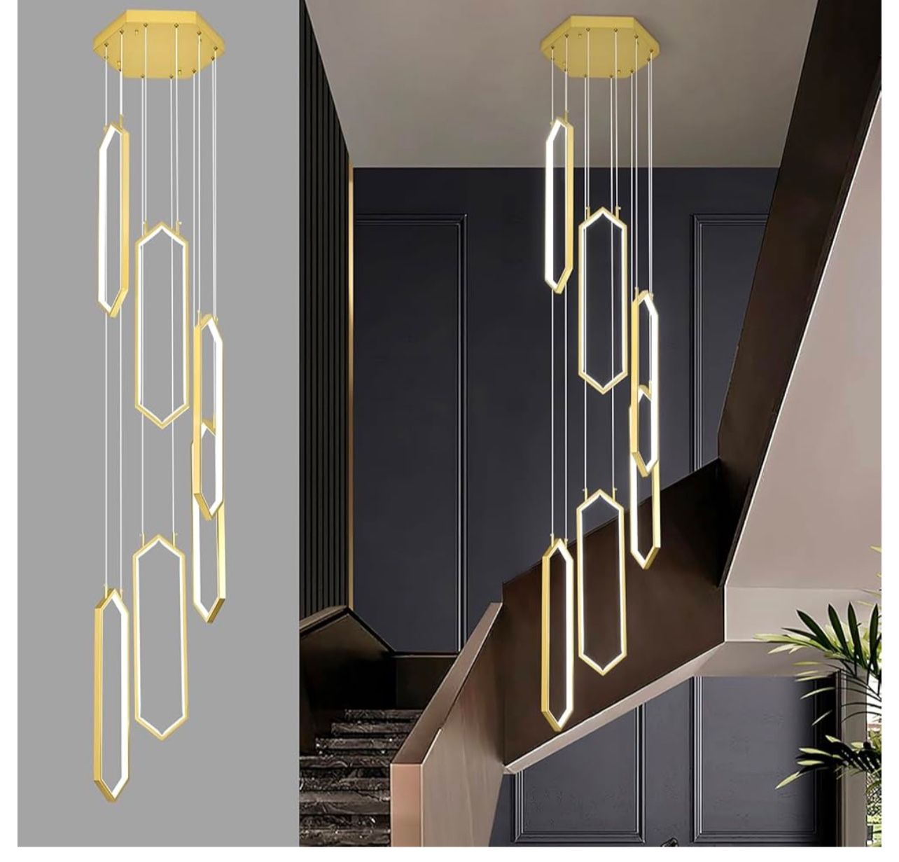 Brand New In The Box- Modern Gold Chandelier 6 Rings Rectangle Pendant Light 84W LED Light for Living Room Foyer Pendant Lighting Fixture High Ceiling