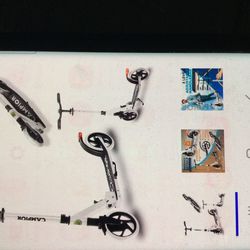 KICK SCOOTER. FOR AGES 6+. FOR KIDS TEENS AND ADULTS, MAX LOAD 240LBS FOLDABLE, 8 INCH BIG WHEELS W/ KICK STAND, 3 AD