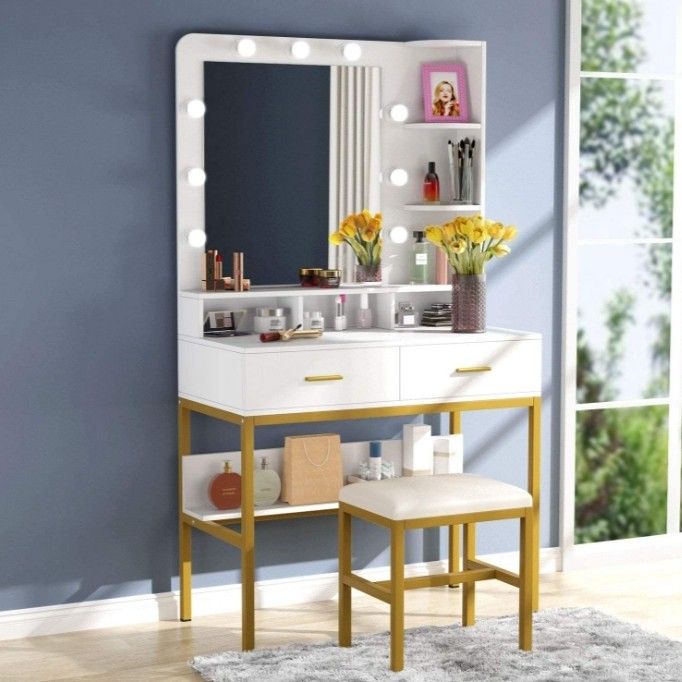 Large Complete Set Full Vanity Table with Mirror, Drawers, Stool and Lights