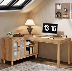 XK00889 L-Shaped Desk with File Cabinet, 59-Inch Executive Office Desk with Storage Shelves, Wooden