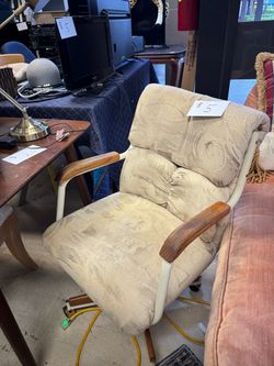 Vintage Upholstered Swivel Chair with Wood Armrests