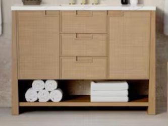 Solene 48” Single Bath Vanity in Seaside Oak with Wireless Charging Ethereal Noctis Quartz Top