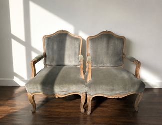 ✨Pair of Park Hill Collection Sage Velvet Wood Armchairs