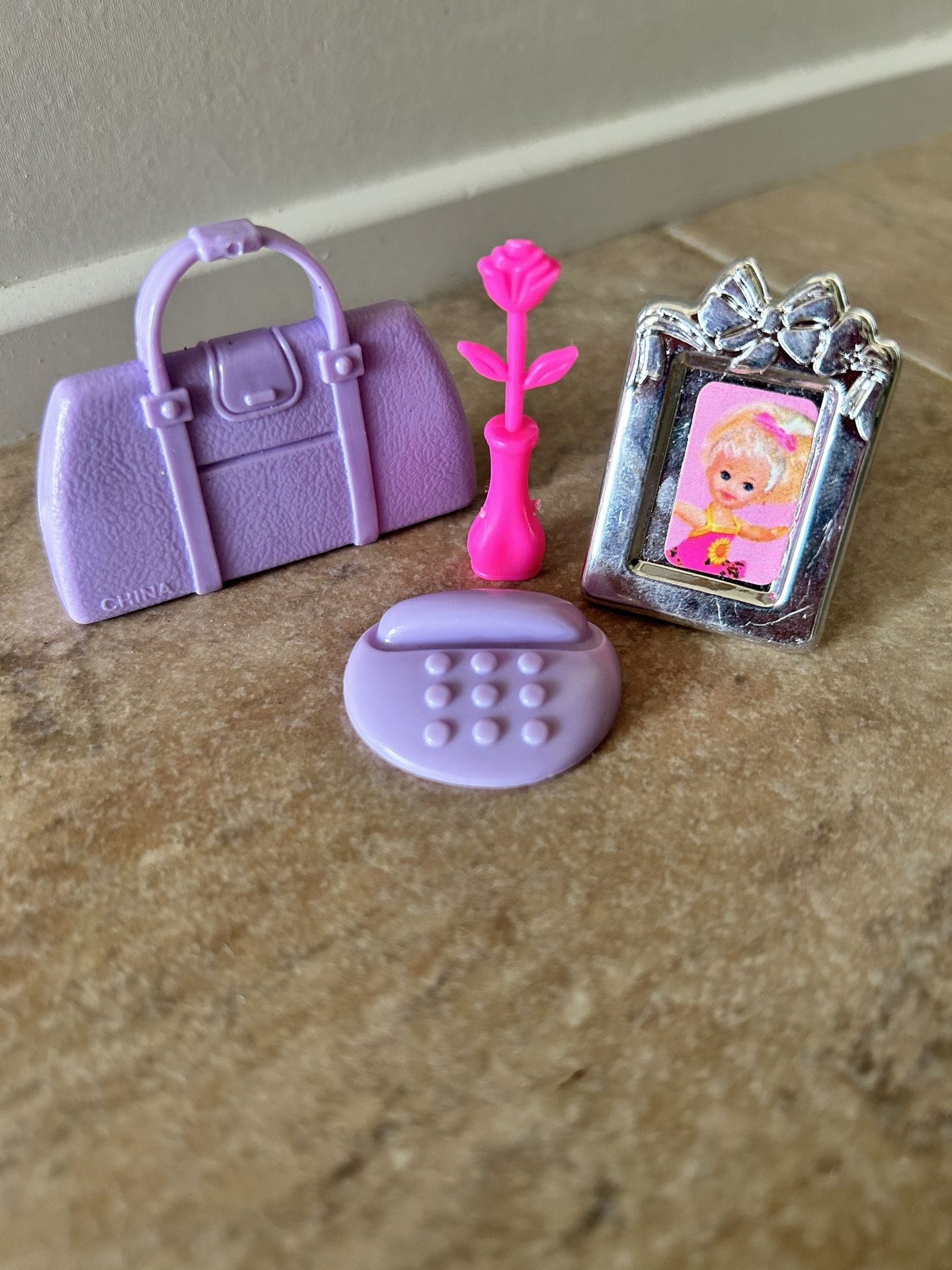 Vintage Barbie Accessory - Pink Flower In A Vase, Phone, Purse, & Picture Frame