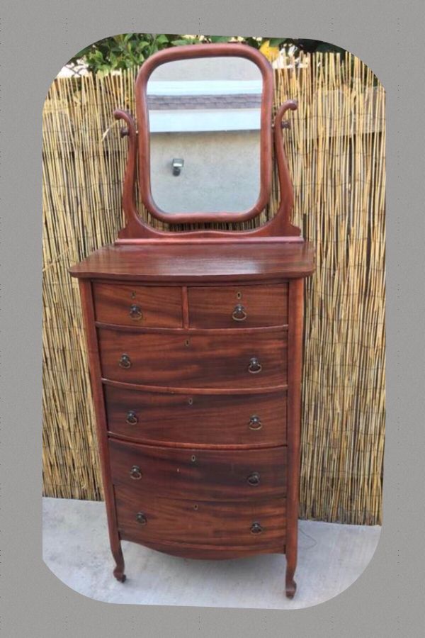 Antique Highboy Dresser Lingerie Chest W Oval Mirror Attached For