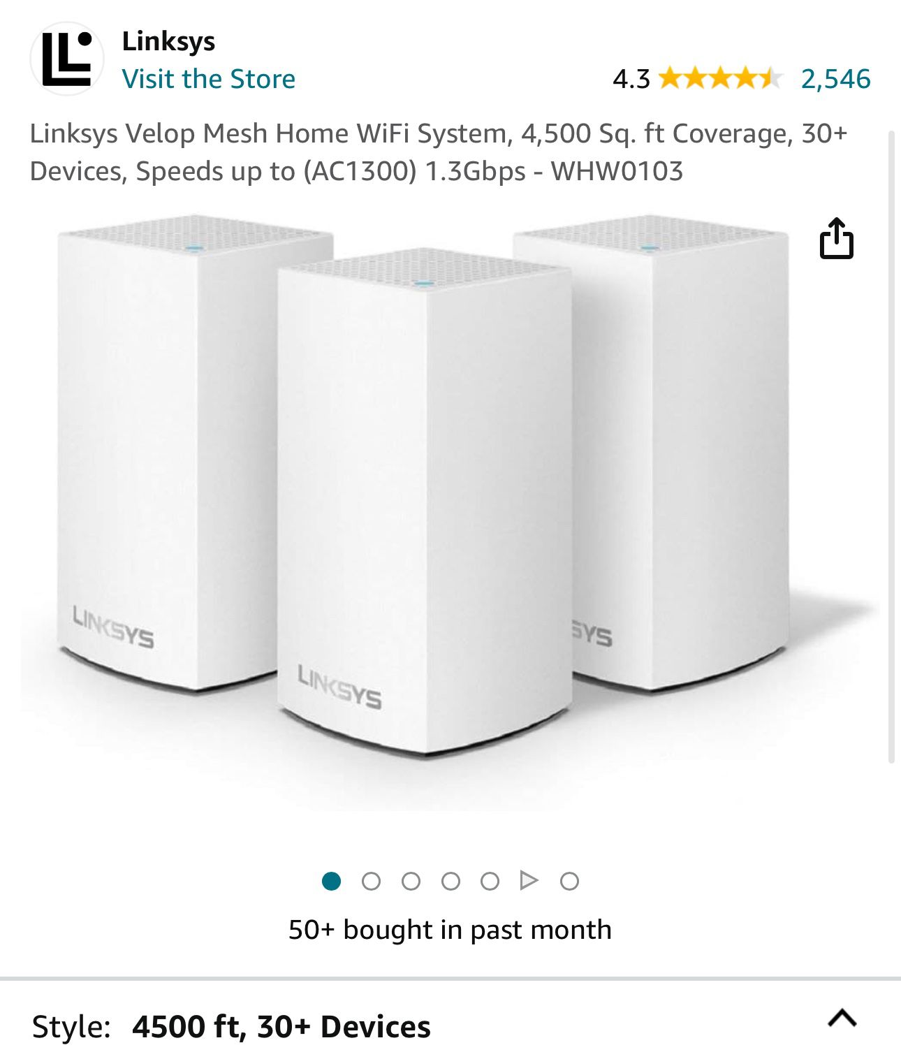 Linksys Velop Mesh Home WiFi System, 4,500 Sq. ft Coverage