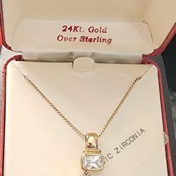 Danecraft 24KT Gold Over 925 Sterling  Square CZ Pendant 18” Total Weight 4 Grams 