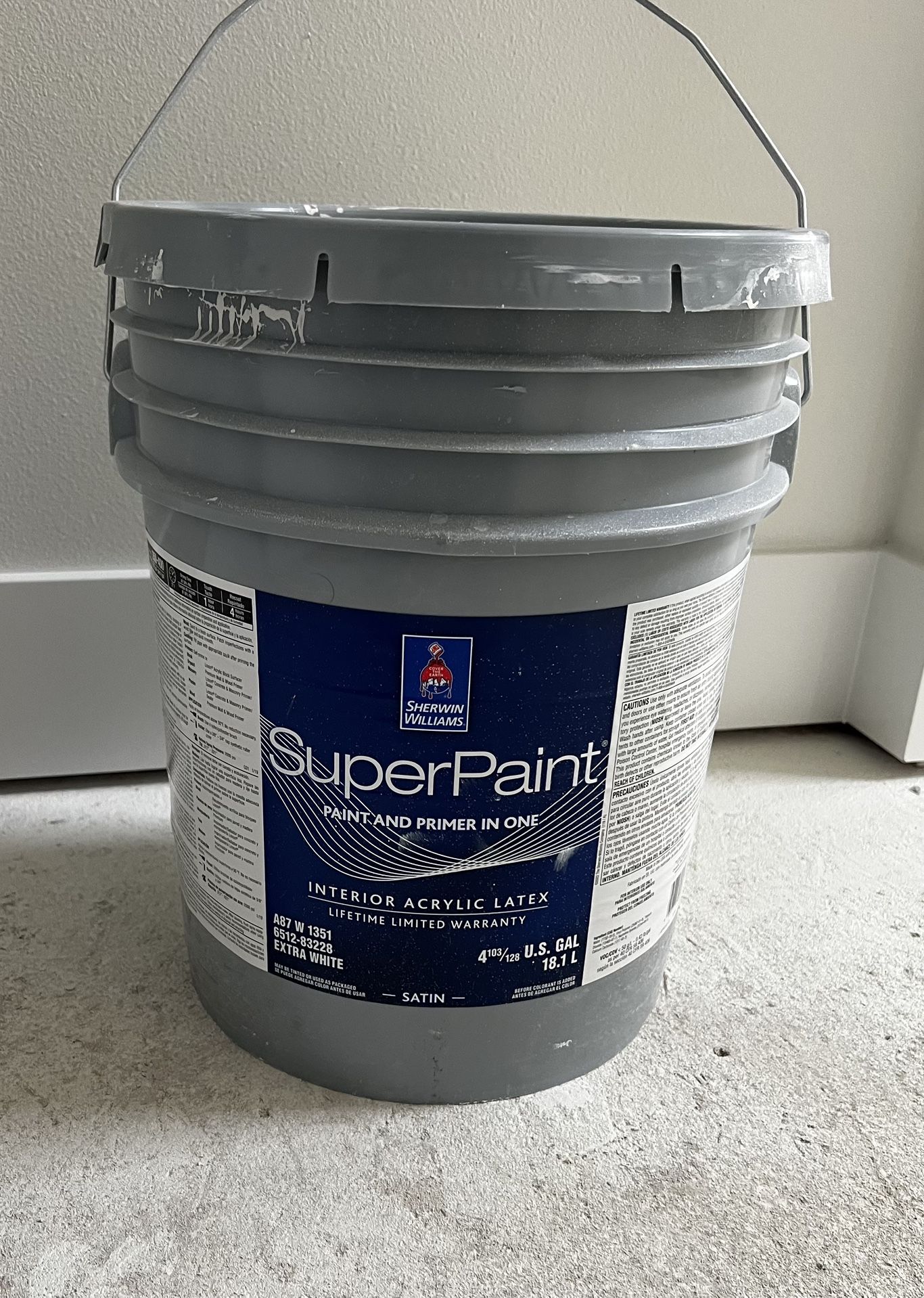Superpaint And Primer In One. Color City Loft. Satin. Opened, Full 5 Gallons
