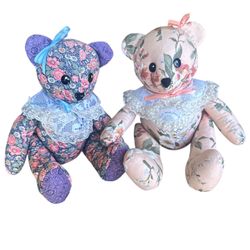 2 vintage, 16” handmade teddy bear, likely from the 1980s. It's crafted from a floral chintz fabric, giving it a distinct grandmillennial aesthetic. T
