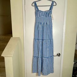 Show Me Your Mumu Blue White Gingham Maxi Dress Square Neck Tiered Strappy XS