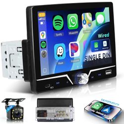 Single Din Radio with Wired CarPlay & Android Auto, 7" HD Touch Screen,Single Din Car Stereo with Mirror Link, SWC, FM Radio, Bluetooth,USB/Type C, EQ