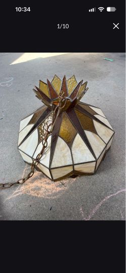 Vintage 70s Tiffany-style stained glass swag hanging lamp