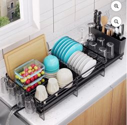 Delamu Extendable Dish Rack Kitchen Drainer Set, Dish Drying Rack with Utensil & Cup Holders, Black (11.8" W x 13.4"-28.7" L)