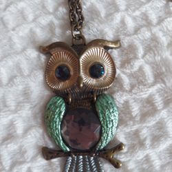 Vintage Style Owl Necklace with Rhinestone Eyes