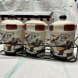 3 Pieces Canister Set With Metal Rack 