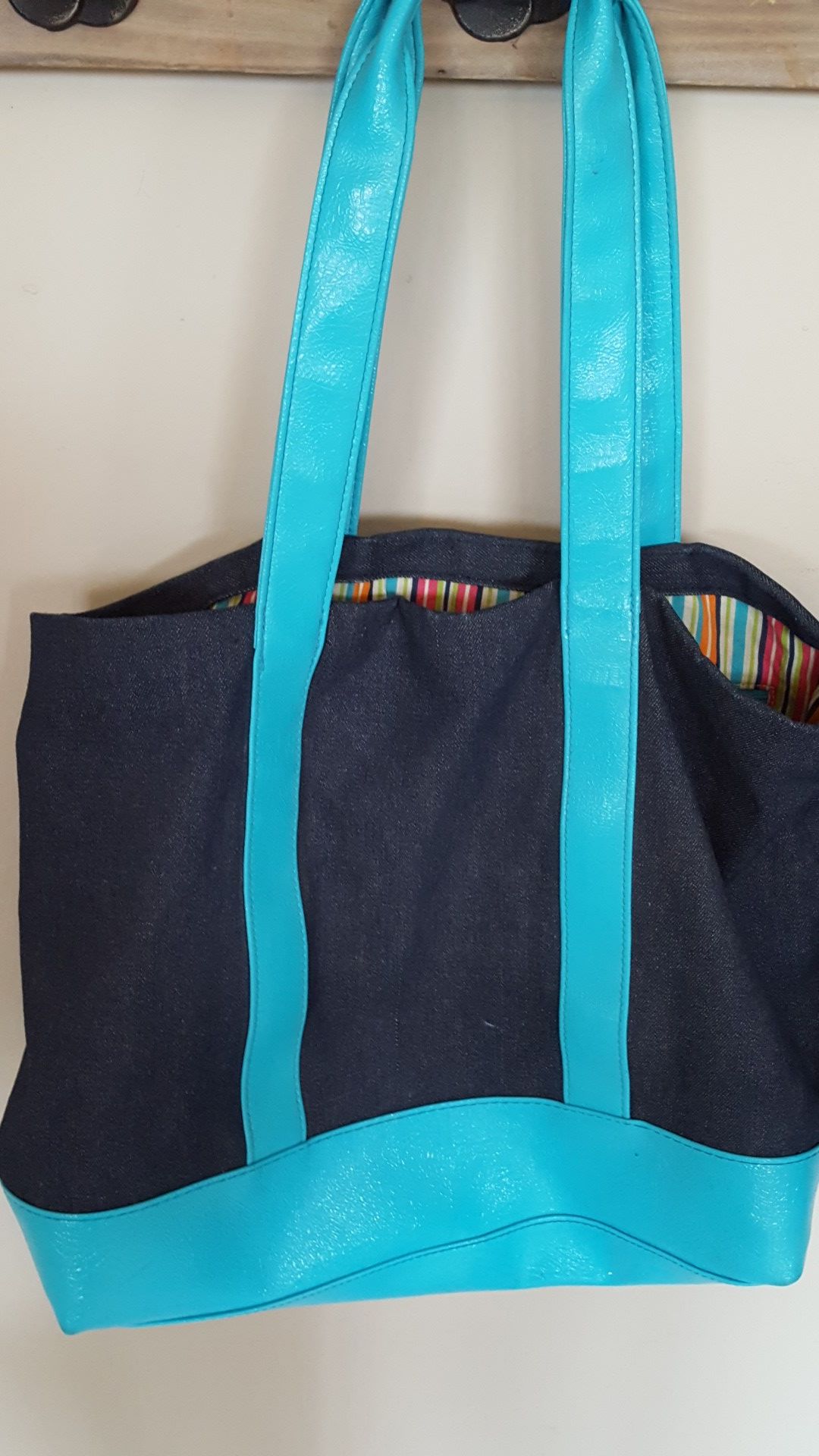 Denim and aqua tote bag