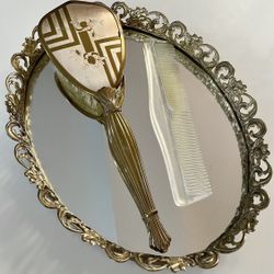 Vintage Large 12” Oval Filigree Vanity Mirror Perfume Tray With Brush And Comb