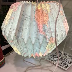 Folded World Map Hanging Lamp w/5’ toggle switch cord & bulb (magnet closure) SEE PICS 11”T, 15”W