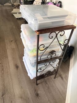 7 storage boxes and Decorative Wrought Iron 3/Tier Shelf