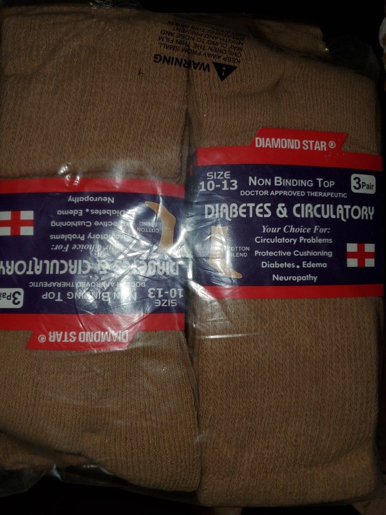 3 Bags Of 3 Pairs Each Diabetes Circulatory Socks Size 10-13
